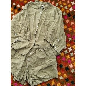 Deiji Studios 03 Set Olive Green Linen Loungewear Shirt and Shorts Size M/L